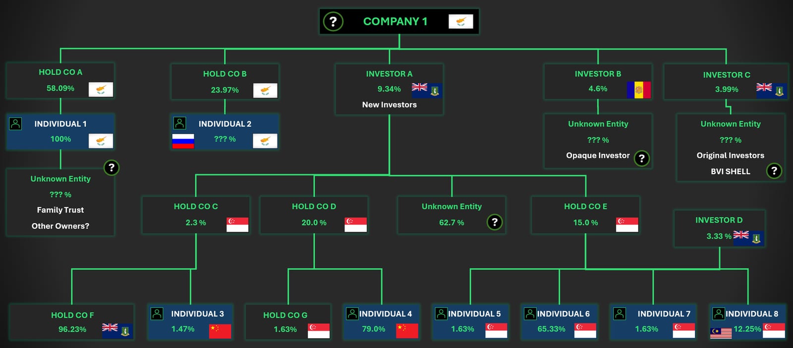 An ownership chain traced upward from one company through layered holding companies and opaque investors across multiple jurisdictions to the individuals behind them.