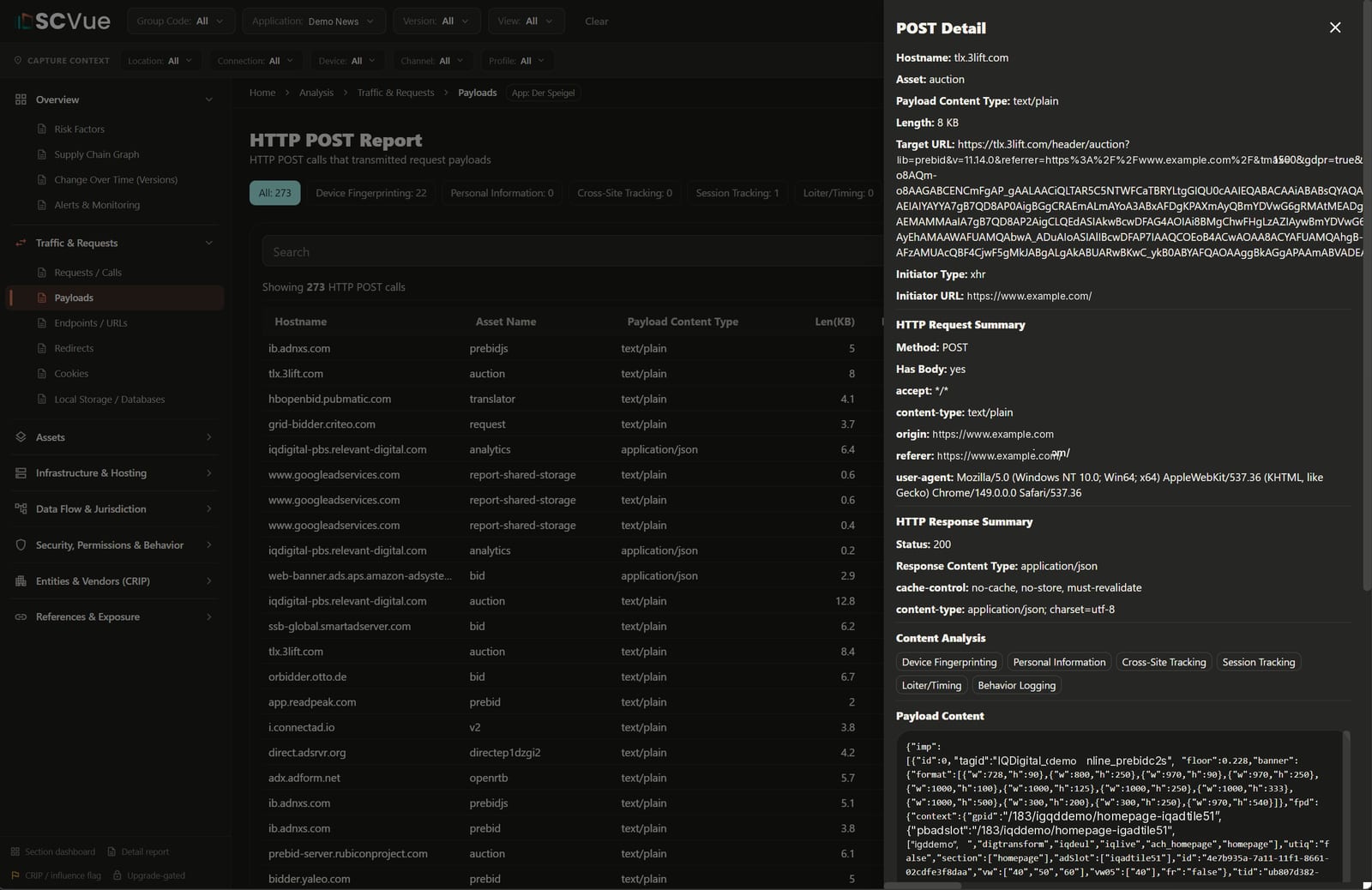 SCVue HTTP POST report listing every call that transmitted a payload, with a detail panel decoding one payload and flagging device fingerprinting and tracking behaviour.